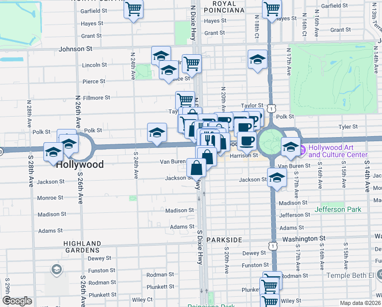 map of restaurants, bars, coffee shops, grocery stores, and more near 2100 Van Buren Street in Hollywood