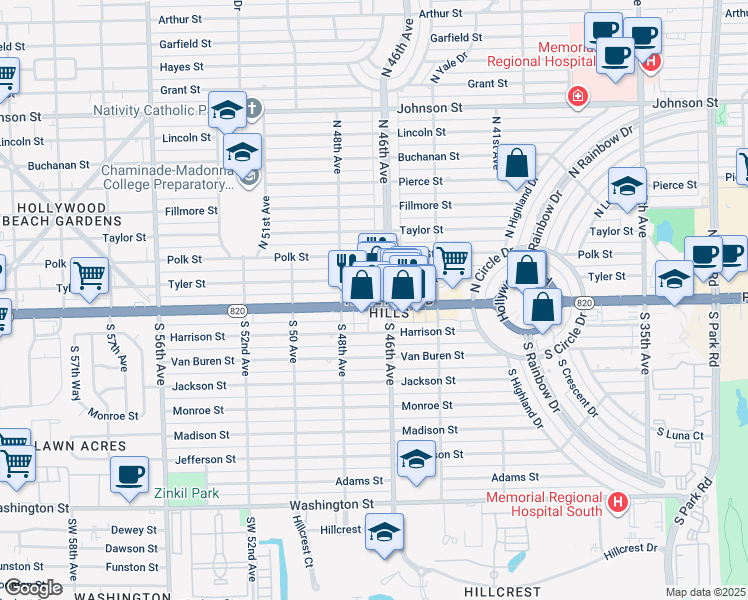 map of restaurants, bars, coffee shops, grocery stores, and more near in Hollywood