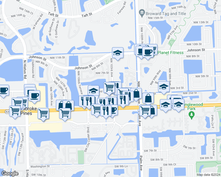 map of restaurants, bars, coffee shops, grocery stores, and more near 10372 Northwest 3rd Street in Pembroke Pines