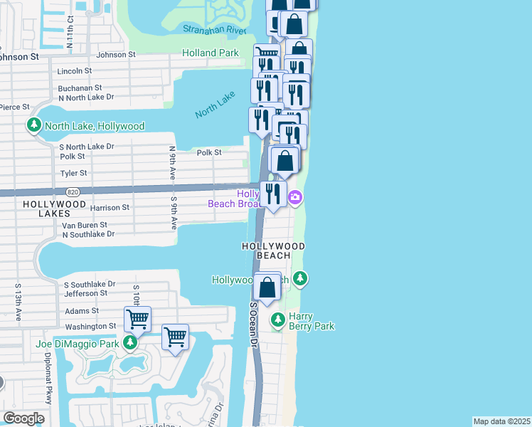 map of restaurants, bars, coffee shops, grocery stores, and more near 355 Virginia Street in Hollywood
