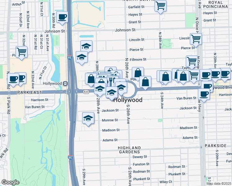 map of restaurants, bars, coffee shops, grocery stores, and more near 2717 Van Buren Street in Hollywood