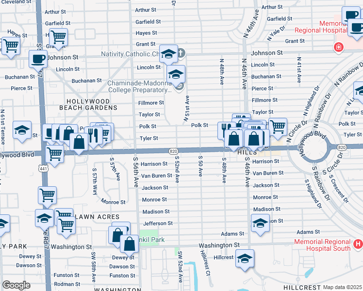 map of restaurants, bars, coffee shops, grocery stores, and more near 2 South 52nd Avenue in Hollywood