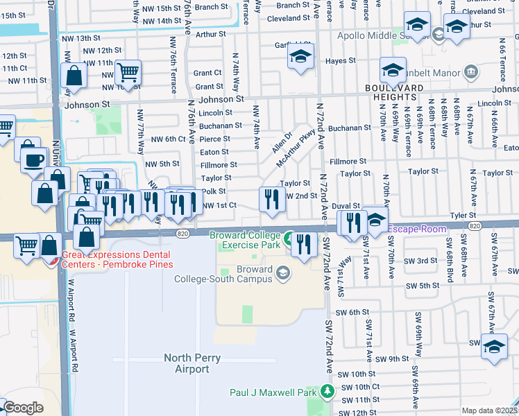 map of restaurants, bars, coffee shops, grocery stores, and more near 7401 Pines Boulevard in Pembroke Pines