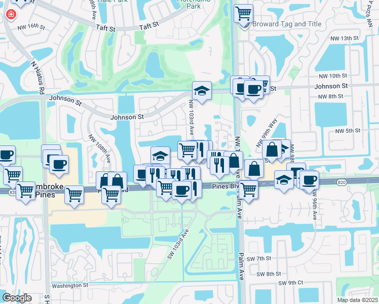 map of restaurants, bars, coffee shops, grocery stores, and more near 10372 Northwest 3rd Street in Pembroke Pines