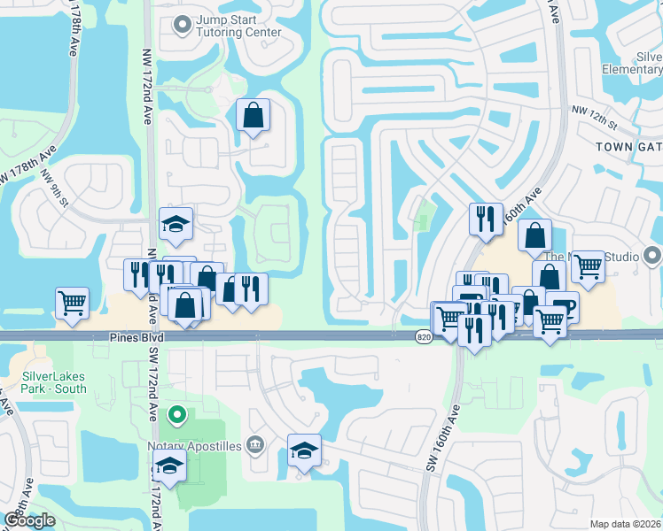 map of restaurants, bars, coffee shops, grocery stores, and more near 340 Northwest 166th Avenue in Pembroke Pines