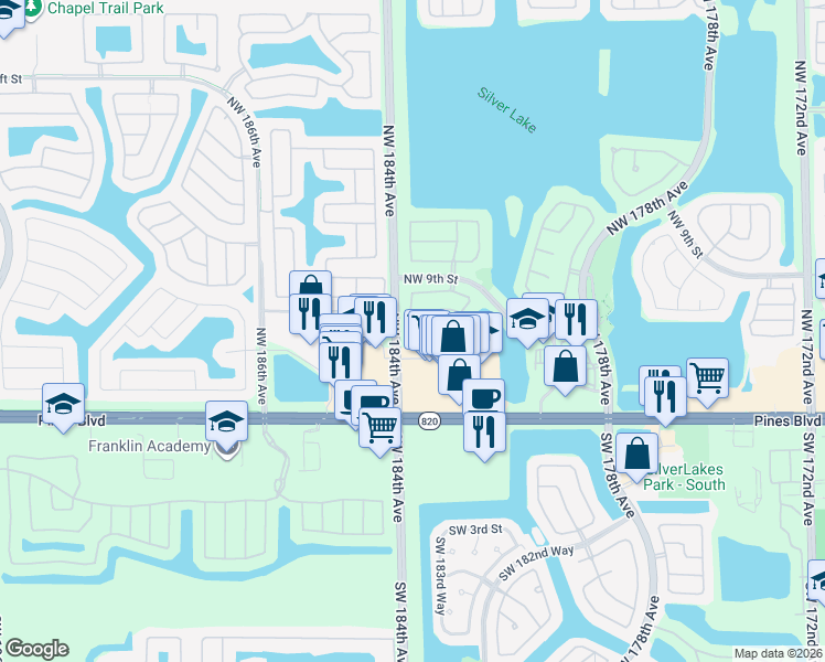 map of restaurants, bars, coffee shops, grocery stores, and more near 18396 Northwest 6th Street in Pembroke Pines