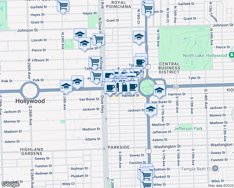 map of restaurants, bars, coffee shops, grocery stores, and more near 1940 Harrison Street in Hollywood