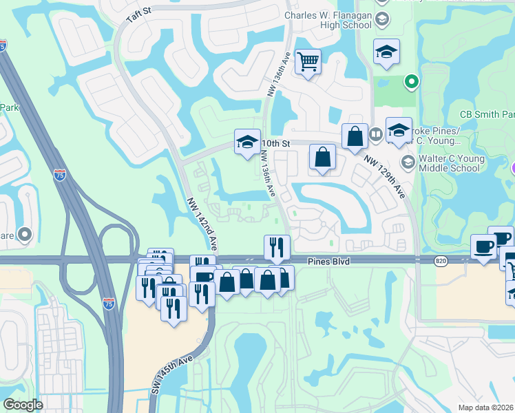 map of restaurants, bars, coffee shops, grocery stores, and more near 13651 Northwest 4th Street in Pembroke Pines