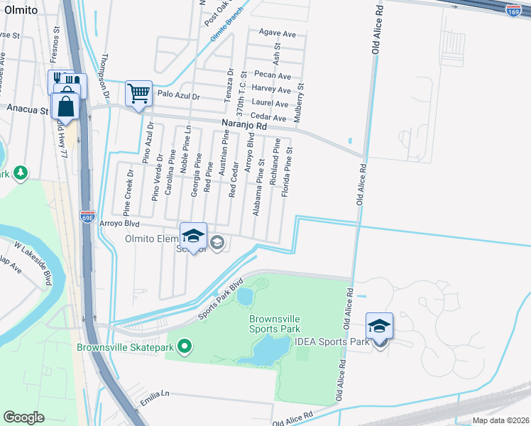 map of restaurants, bars, coffee shops, grocery stores, and more near 7312 Highland Pine Street in Brownsville