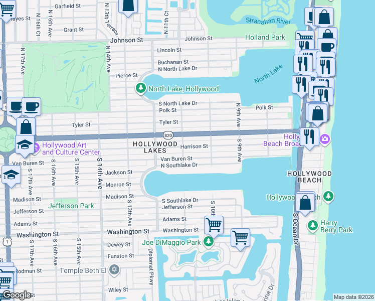 map of restaurants, bars, coffee shops, grocery stores, and more near 1045 North Southlake Drive in Hollywood