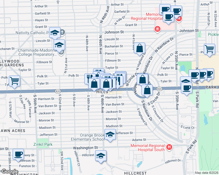 map of restaurants, bars, coffee shops, grocery stores, and more near 4500 Hollywood Boulevard in Hollywood