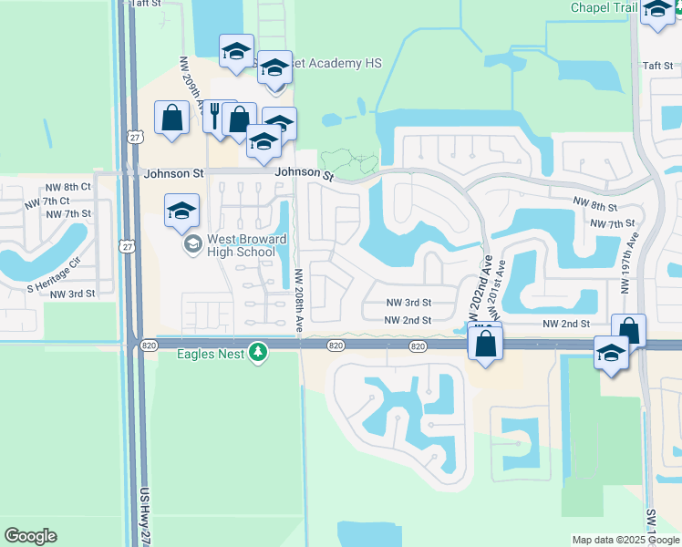 map of restaurants, bars, coffee shops, grocery stores, and more near 20724 Northwest 3rd Court in Pembroke Pines