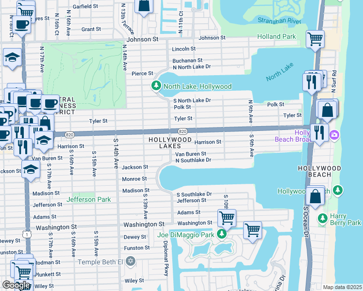 map of restaurants, bars, coffee shops, grocery stores, and more near 303 South 12th Avenue in Hollywood