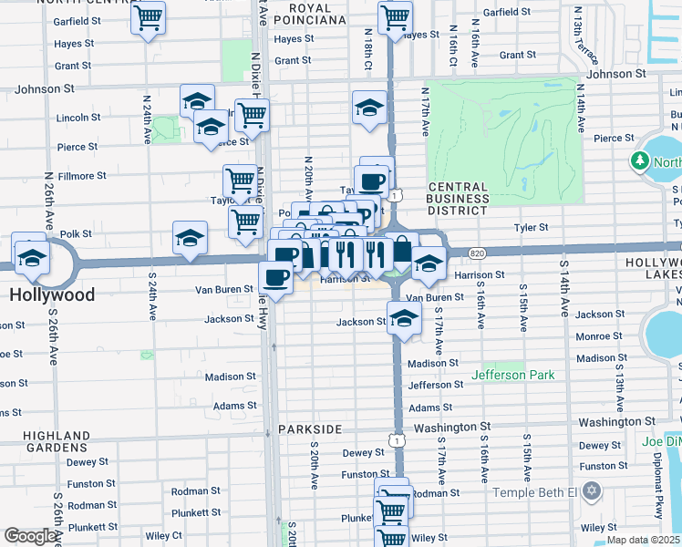map of restaurants, bars, coffee shops, grocery stores, and more near 1900 Harrison Street in Hollywood