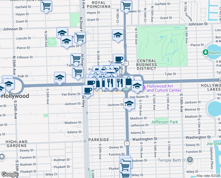 map of restaurants, bars, coffee shops, grocery stores, and more near 1900 Harrison Street in Hollywood