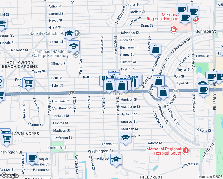 map of restaurants, bars, coffee shops, grocery stores, and more near in Hollywood