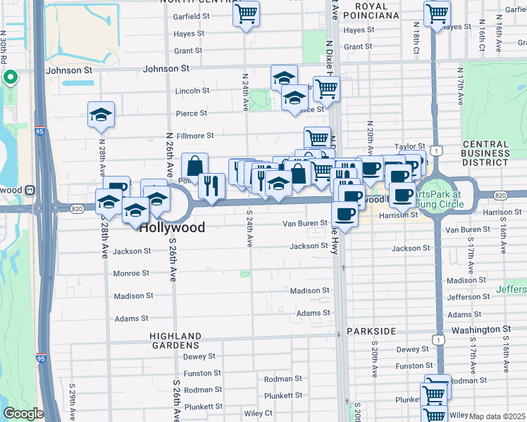 map of restaurants, bars, coffee shops, grocery stores, and more near 2333 Hollywood Boulevard in Hollywood