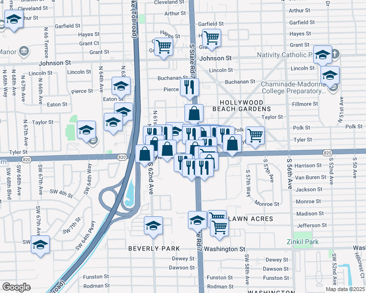 map of restaurants, bars, coffee shops, grocery stores, and more near 6041 Duval Street in Hollywood