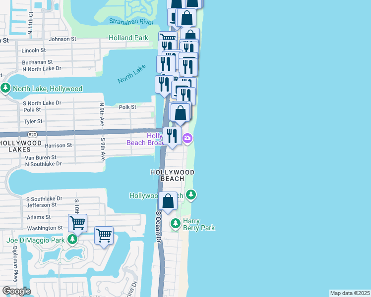 map of restaurants, bars, coffee shops, grocery stores, and more near 301 Harrison Street in Hollywood