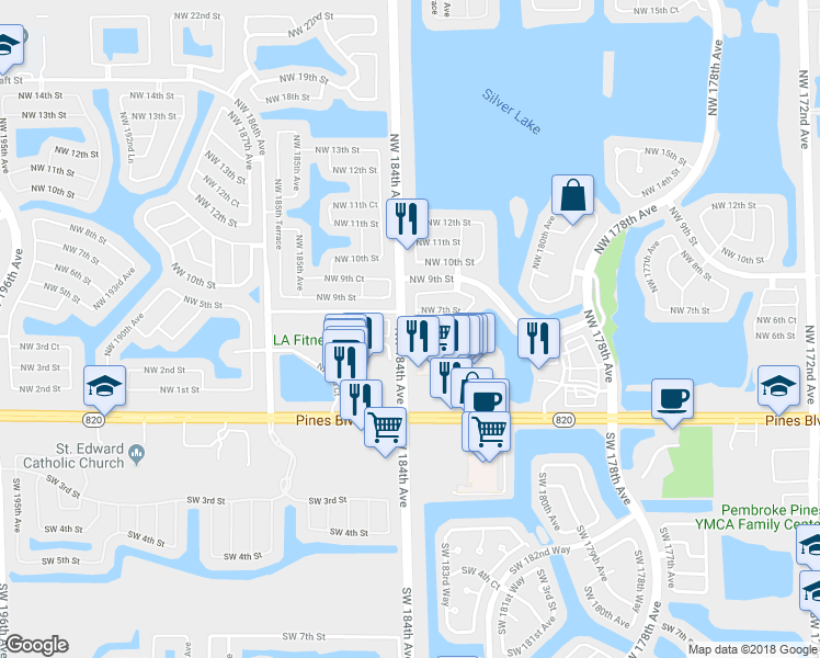map of restaurants, bars, coffee shops, grocery stores, and more near 644 Northwest 183rd Way in Hollywood