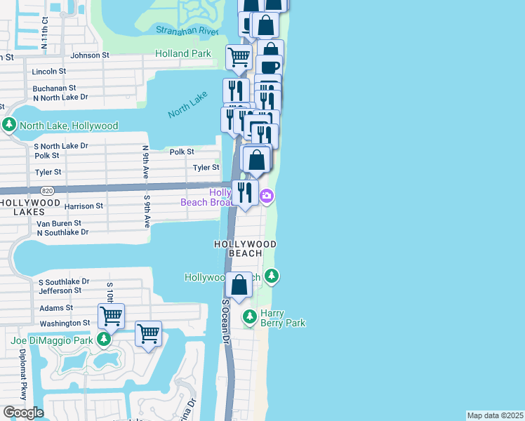 map of restaurants, bars, coffee shops, grocery stores, and more near 301 Harrison Street in Hollywood