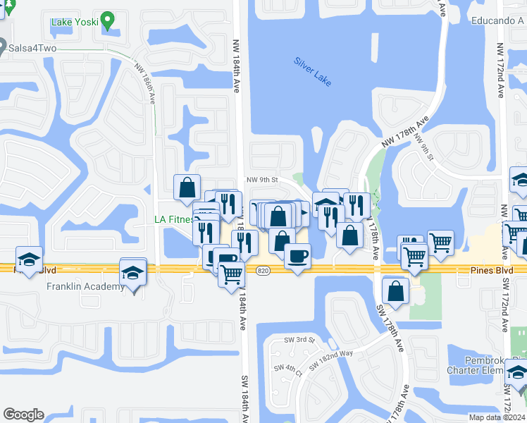 map of restaurants, bars, coffee shops, grocery stores, and more near 654 Northwest 183rd Terrace in Pembroke Pines