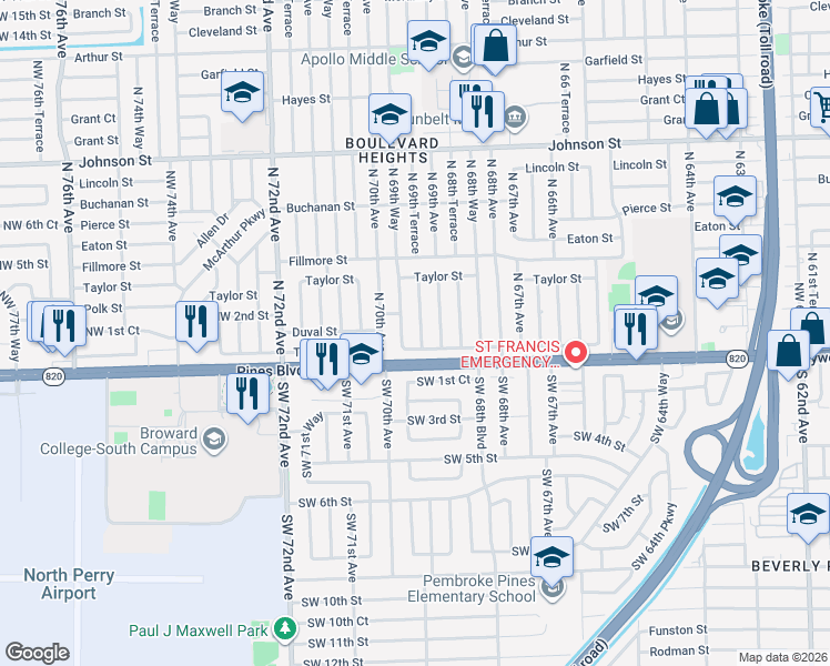 map of restaurants, bars, coffee shops, grocery stores, and more near 251 North 69th Terrace in Hollywood