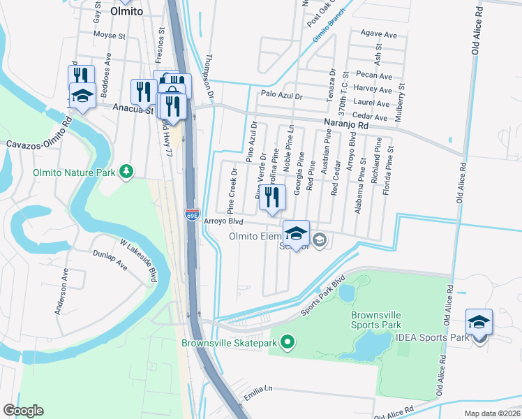 map of restaurants, bars, coffee shops, grocery stores, and more near 6525 Carolina Pine in Brownsville