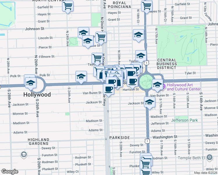 map of restaurants, bars, coffee shops, grocery stores, and more near 2021 Hollywood Boulevard in Hollywood