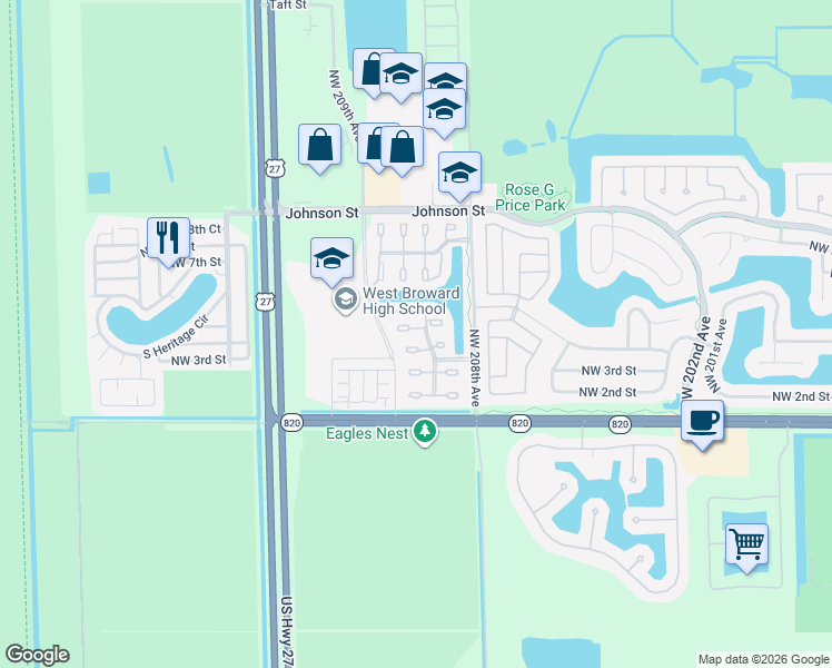 map of restaurants, bars, coffee shops, grocery stores, and more near 20844 Northwest 3rd Lane in Pembroke Pines