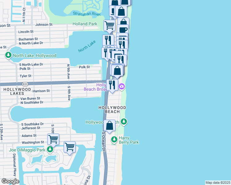 map of restaurants, bars, coffee shops, grocery stores, and more near 301 Harrison Street in Hollywood