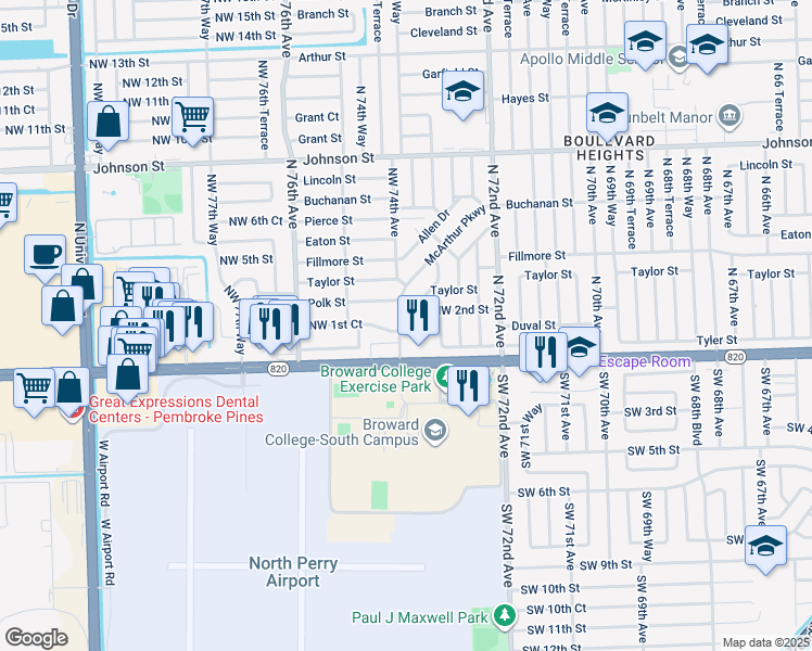 map of restaurants, bars, coffee shops, grocery stores, and more near 201 Northwest 73rd Terrace in Hollywood