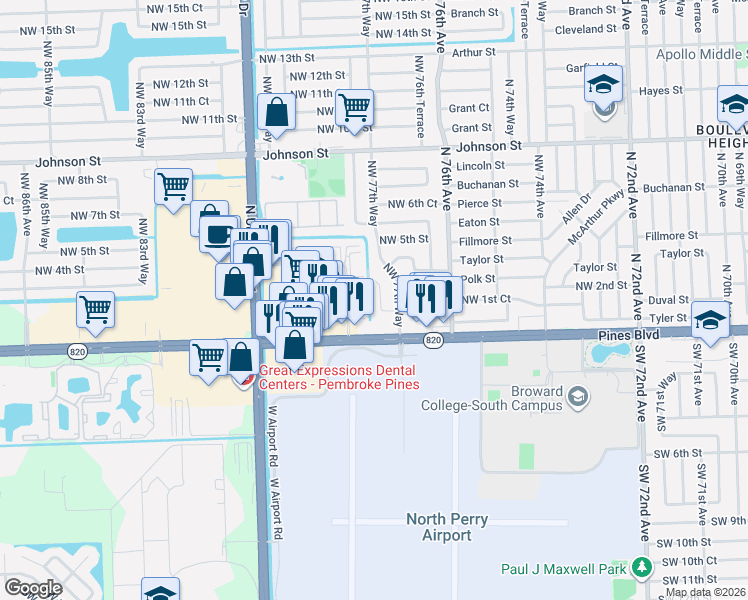 map of restaurants, bars, coffee shops, grocery stores, and more near 210 Northwest 77th Way in Pembroke Pines