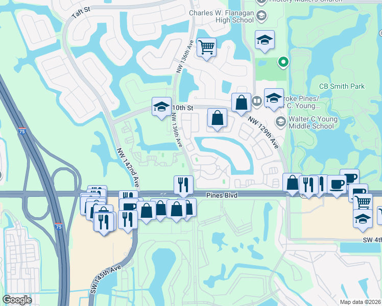 map of restaurants, bars, coffee shops, grocery stores, and more near 717 Northwest 135th Avenue in Pembroke Pines