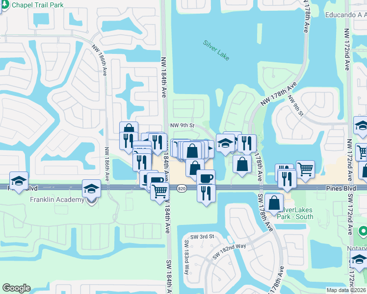 map of restaurants, bars, coffee shops, grocery stores, and more near 18323 Northwest 7th Street in Pembroke Pines
