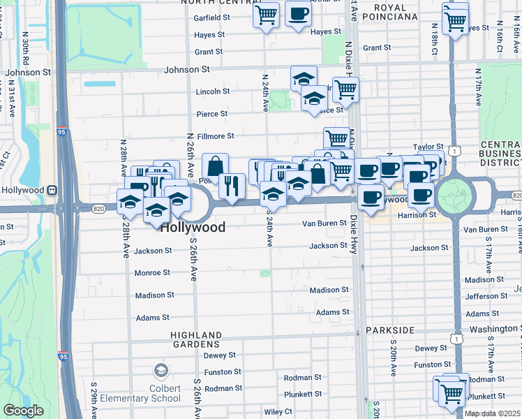 map of restaurants, bars, coffee shops, grocery stores, and more near 2425 Hollywood Boulevard in Hollywood