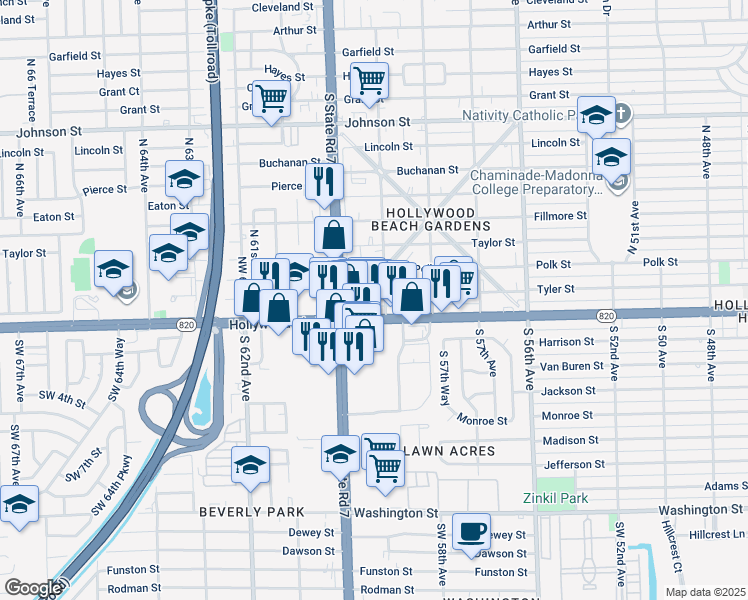 map of restaurants, bars, coffee shops, grocery stores, and more near 213 Columbus Parkway in Hollywood
