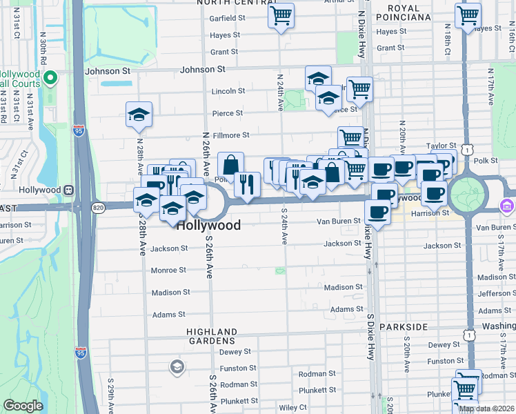 map of restaurants, bars, coffee shops, grocery stores, and more near 2425 Hollywood Boulevard in Hollywood