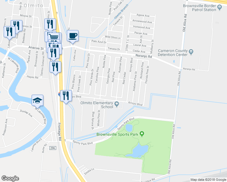 map of restaurants, bars, coffee shops, grocery stores, and more near 6839 Red Pine in Brownsville