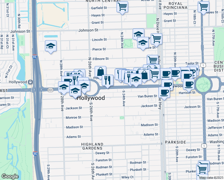 map of restaurants, bars, coffee shops, grocery stores, and more near 2425 Hollywood Boulevard in Hollywood