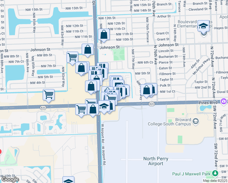 map of restaurants, bars, coffee shops, grocery stores, and more near 7850 Northwest 3rd Street in Pembroke Pines