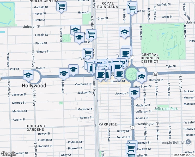 map of restaurants, bars, coffee shops, grocery stores, and more near 2021 Hollywood Boulevard in Hollywood