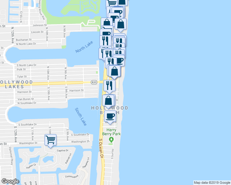 map of restaurants, bars, coffee shops, grocery stores, and more near 301 Harrison Street in Hollywood