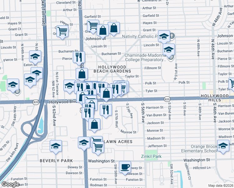 map of restaurants, bars, coffee shops, grocery stores, and more near 5751 Tyler Street in Hollywood