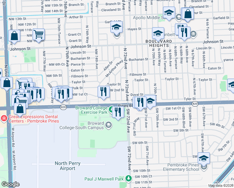 map of restaurants, bars, coffee shops, grocery stores, and more near 7301 Polk Street in Hollywood
