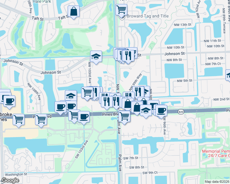 map of restaurants, bars, coffee shops, grocery stores, and more near 371 Northwest 101st Terrace in Pembroke Pines