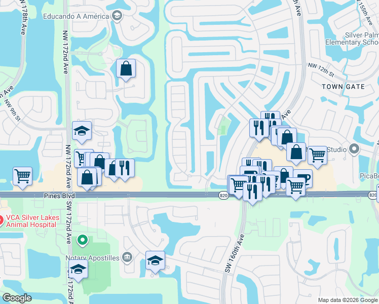 map of restaurants, bars, coffee shops, grocery stores, and more near 16501 Northwest 5th Street in Pembroke Pines