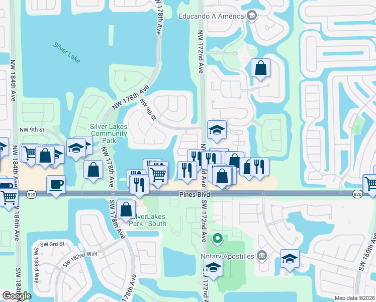 map of restaurants, bars, coffee shops, grocery stores, and more near 17214 Northwest 7th Street in Pembroke Pines