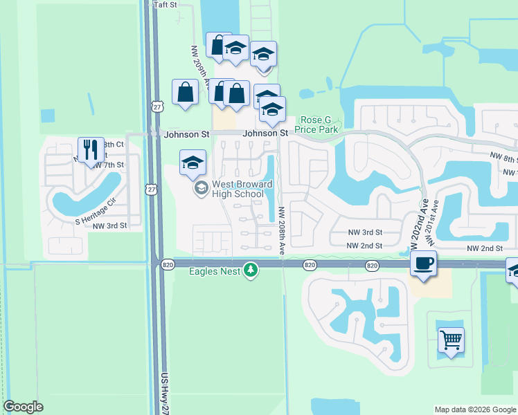map of restaurants, bars, coffee shops, grocery stores, and more near 20845 Northwest 4 Street in Pembroke Pines