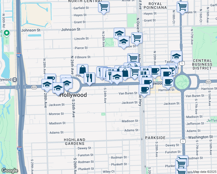 map of restaurants, bars, coffee shops, grocery stores, and more near 2333 Hollywood Boulevard in Hollywood